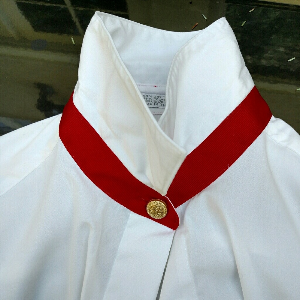 Off-White Blouse with Red Grosgrain Banding
